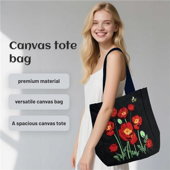 Large Canvas Tote Bag with Zipper Pocket Embroidered Shoulder Bag for Work Trave - Picture 2 of 7